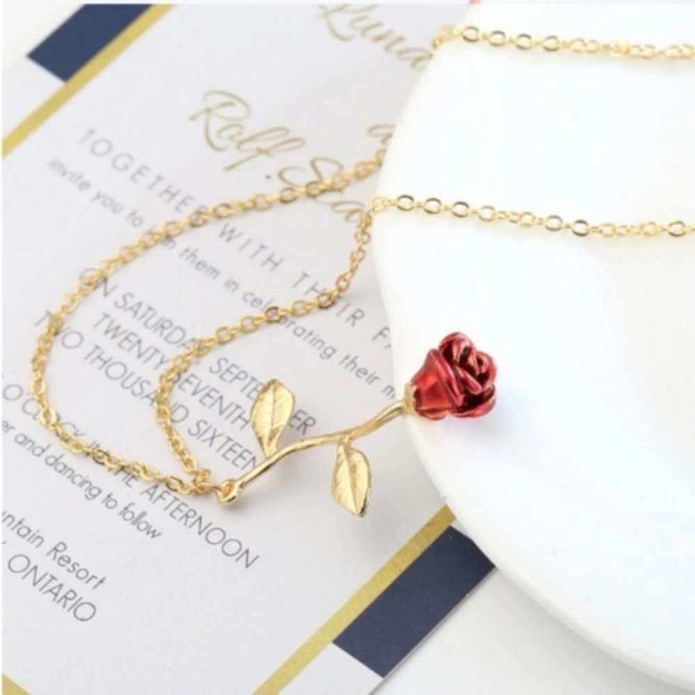 "Beauty & the Beast" Red Rose Dainty Cute Necklace - Picture 4 of 10